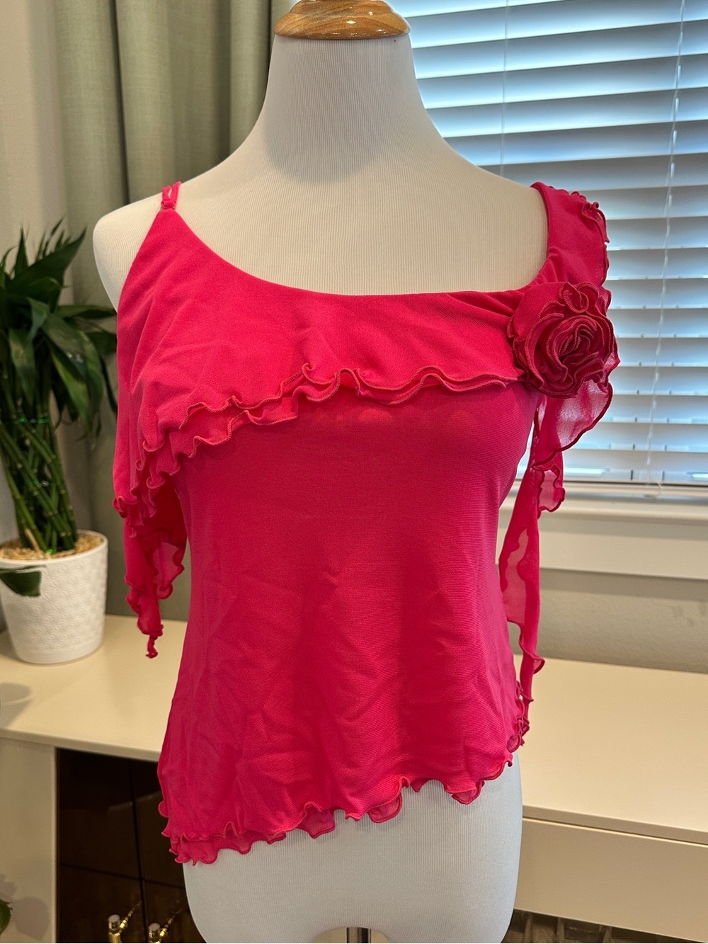 Free People Pink One-Shoulder Ruffle Camisole with Floral Accent